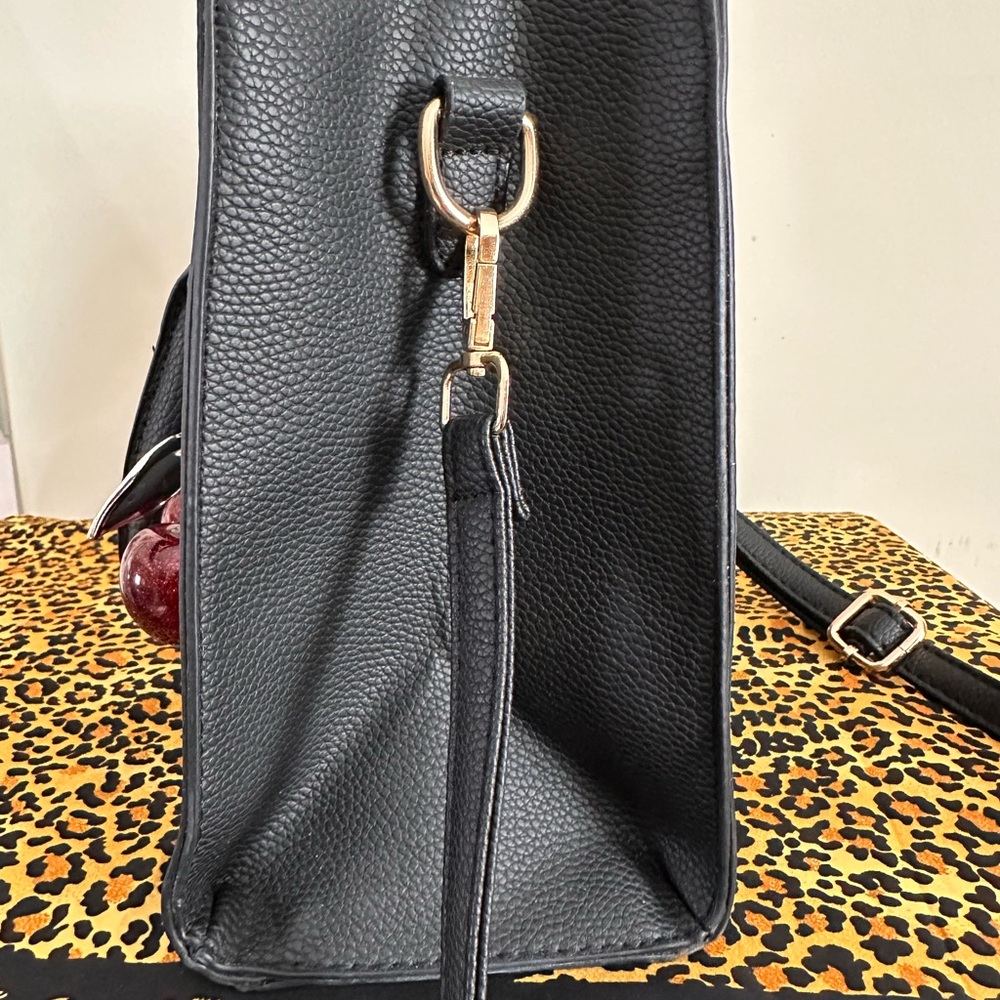 Elegant Black Handbag with Cherry Charm-Vegan Leather - Picture 10 of 10